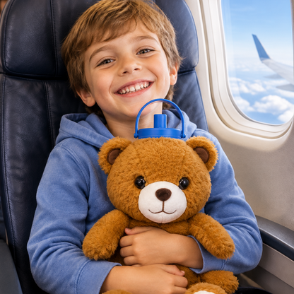 Boy with Ollie Bear on airplane